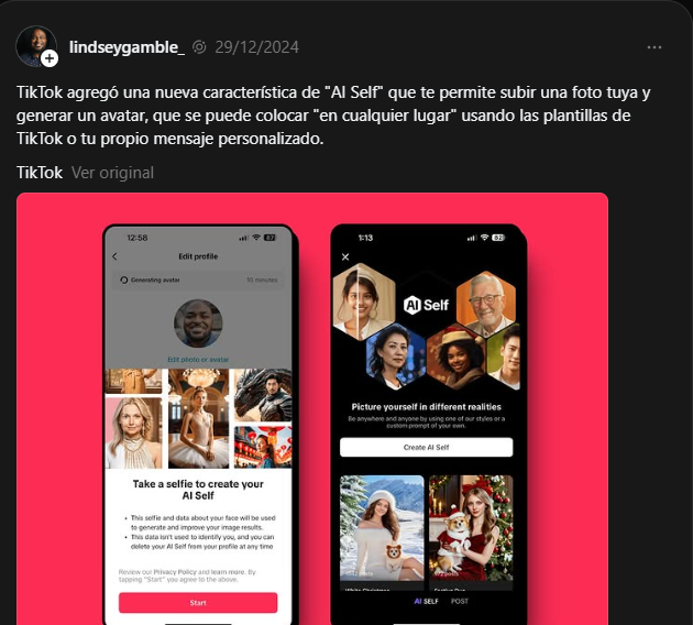 @Lindseygamble_ sobre la nueva funcionalidad de IA Self de TikTok