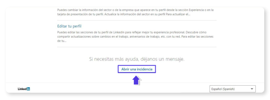 Abrir una incidencia para solucionar problema con el perfil de empresa